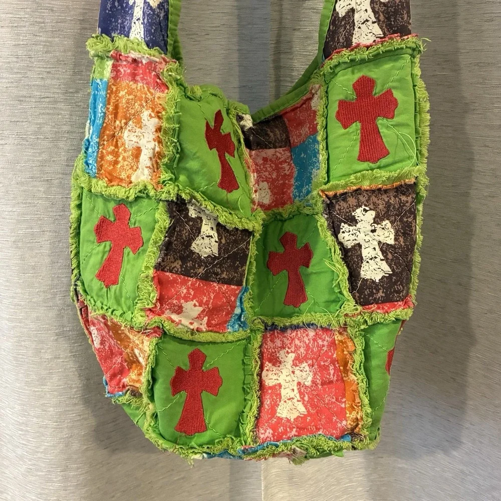 Vintage Handmade Patchwork Crossbody Bag Cross Appliqués Boho Festival
